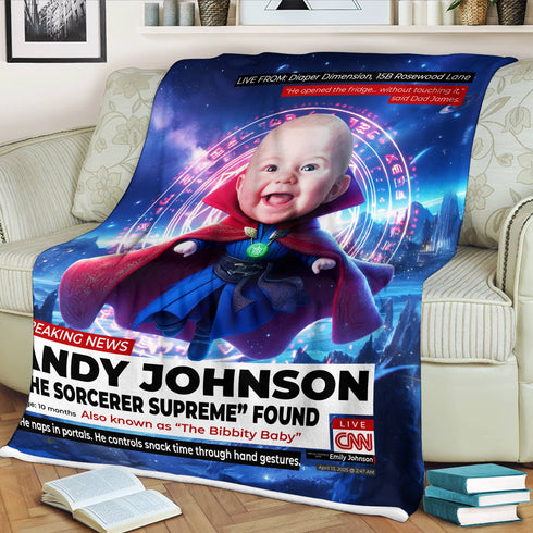 Personalized Sorcerer Baby Blanket – Custom CNN Superhero Design with Magic Quote & Photo